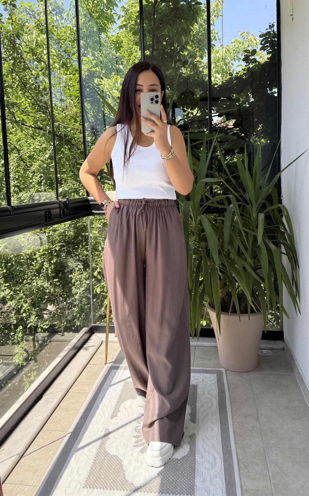 Beli Lastikli Palazzo Pantolon Kahve