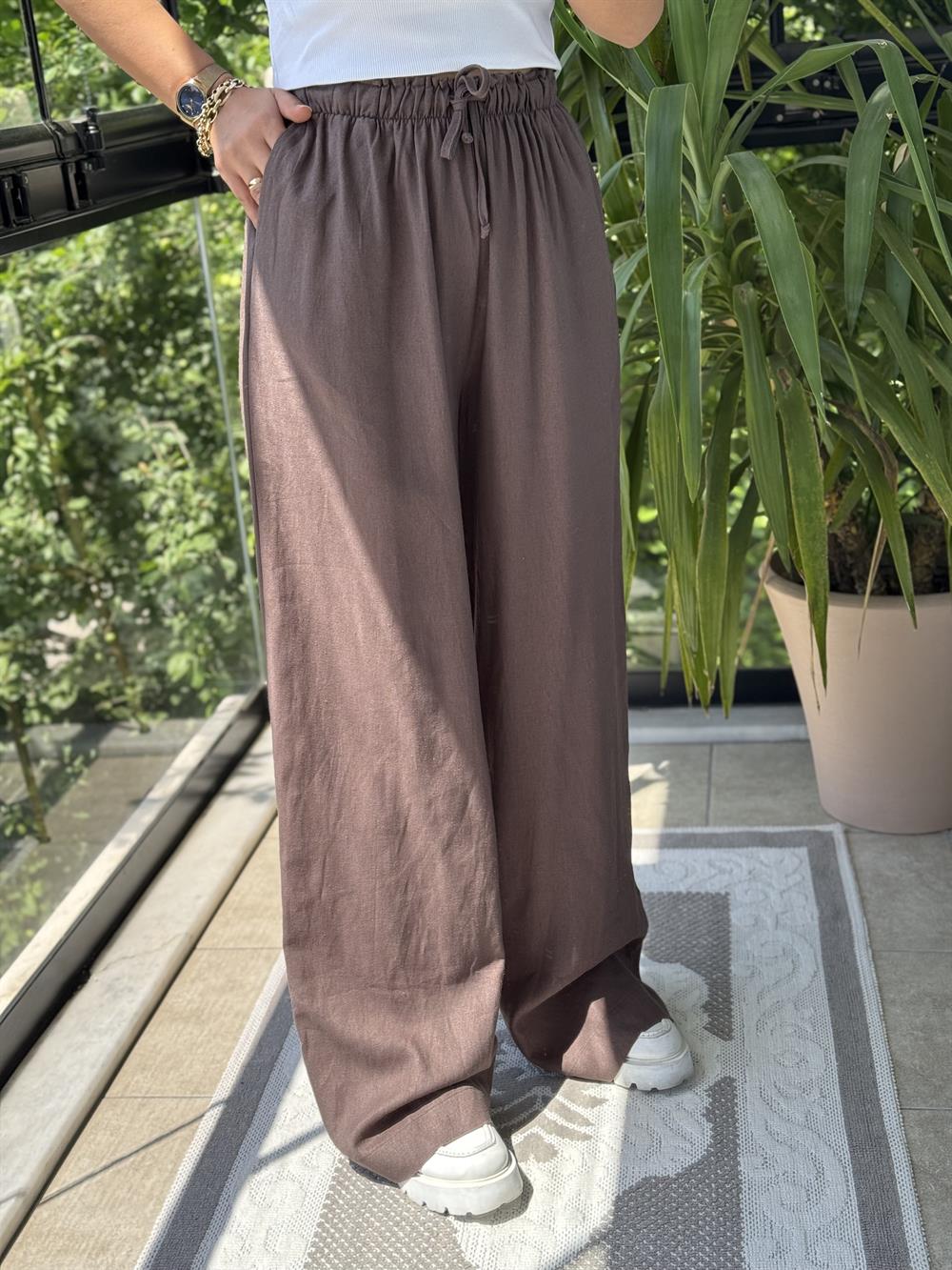 Beli Lastikli Palazzo Pantolon Kahve