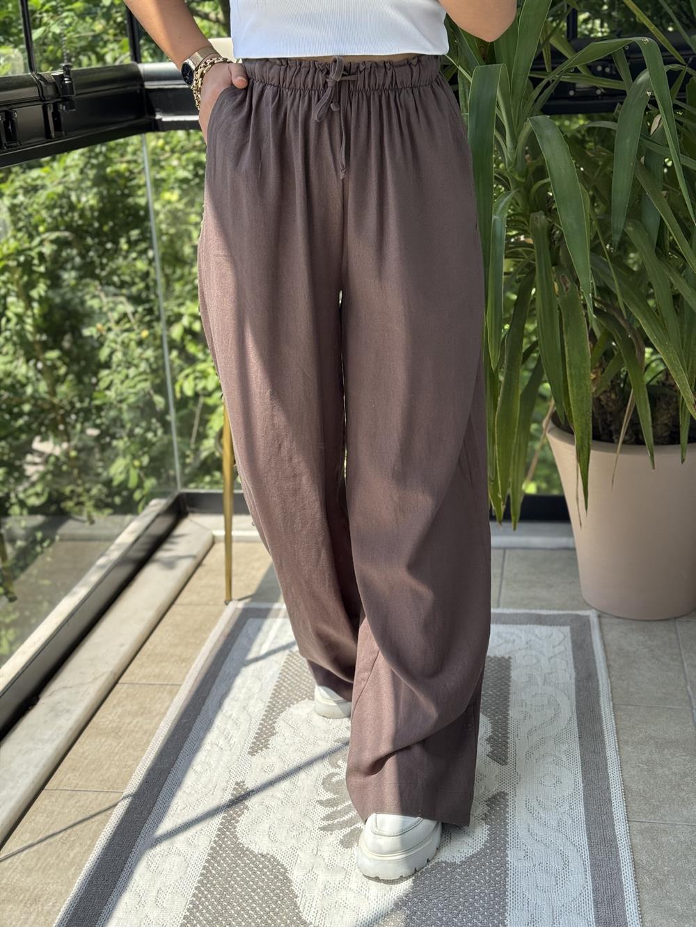 Beli Lastikli Palazzo Pantolon Kahve