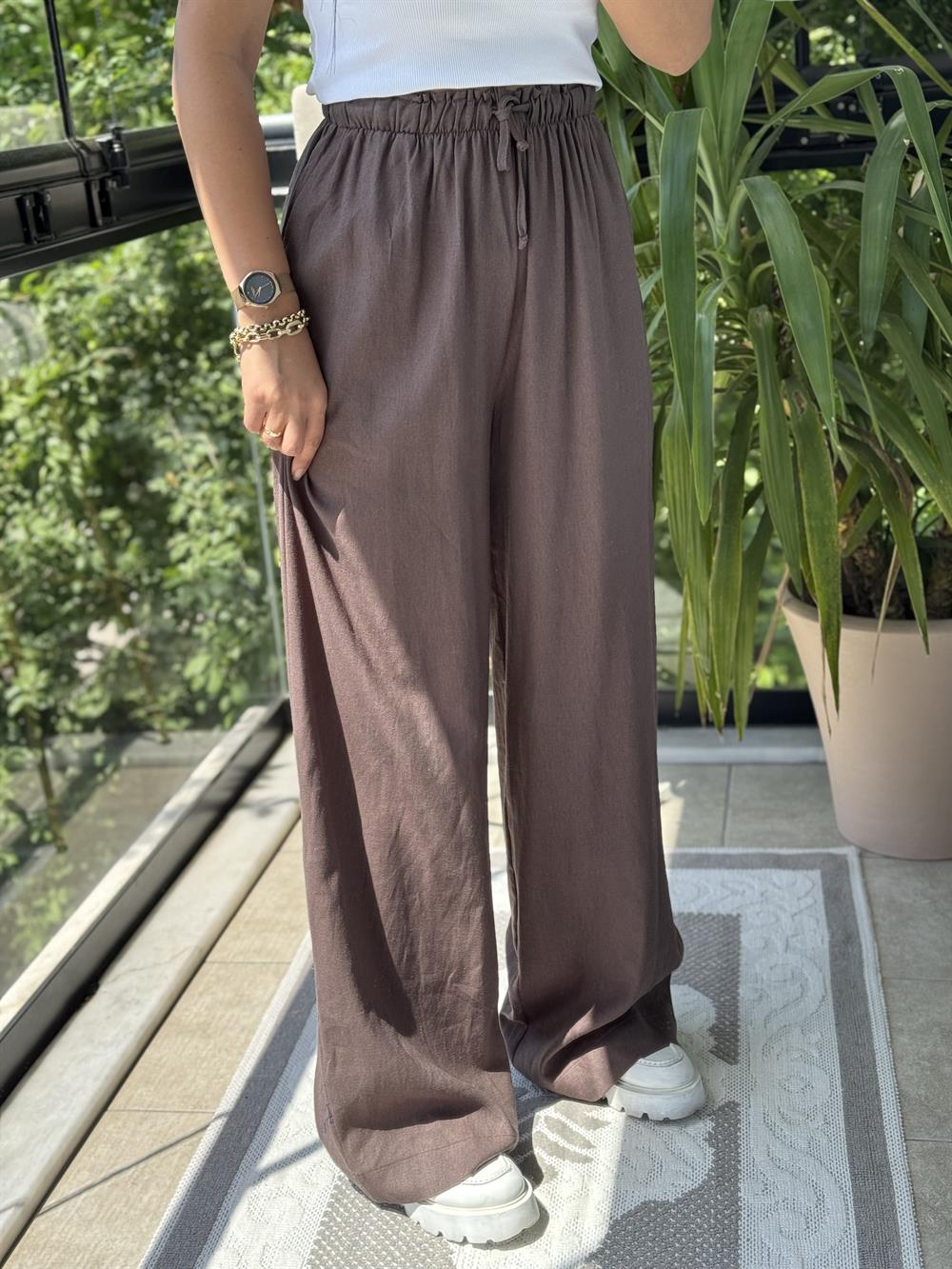 Beli Lastikli Palazzo Pantolon Kahve