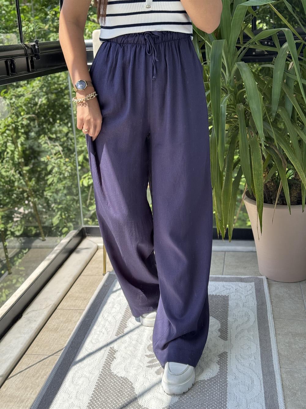 Beli Lastikli Palazzo Pantolon Lacivert