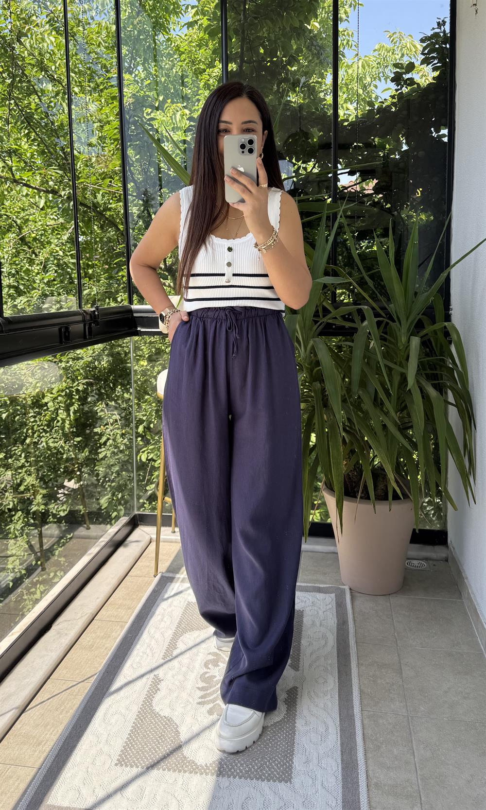 Beli Lastikli Palazzo Pantolon Lacivert