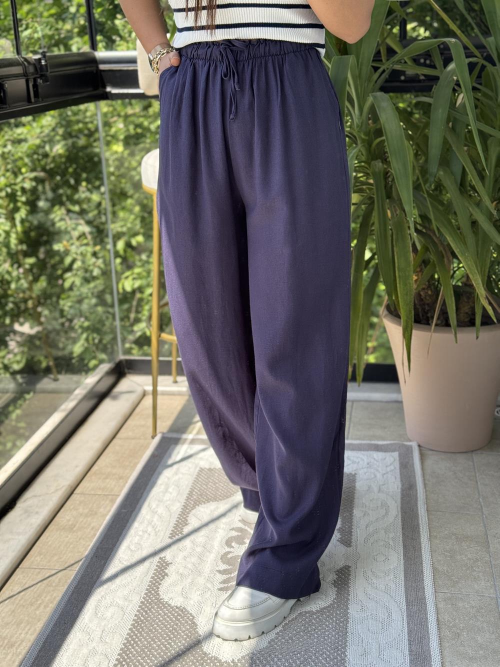 Beli Lastikli Palazzo Pantolon Lacivert