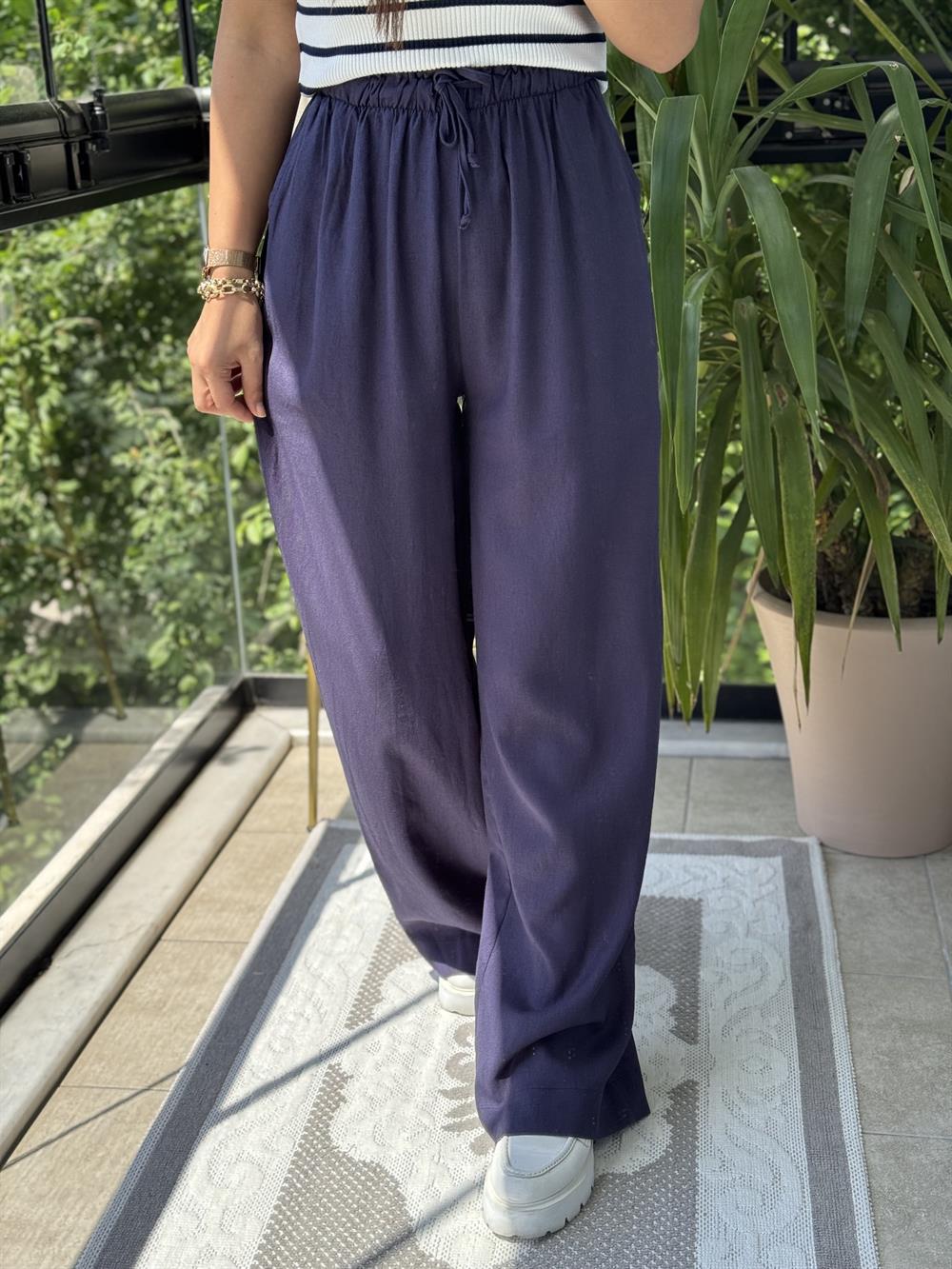 Beli Lastikli Palazzo Pantolon Lacivert