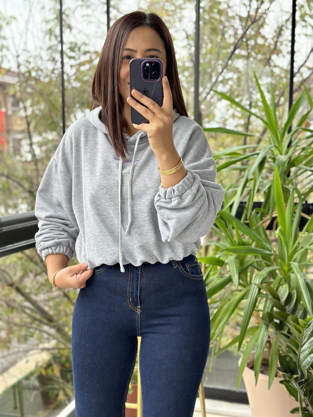 Beli Lastikli Sweatshirt Gri