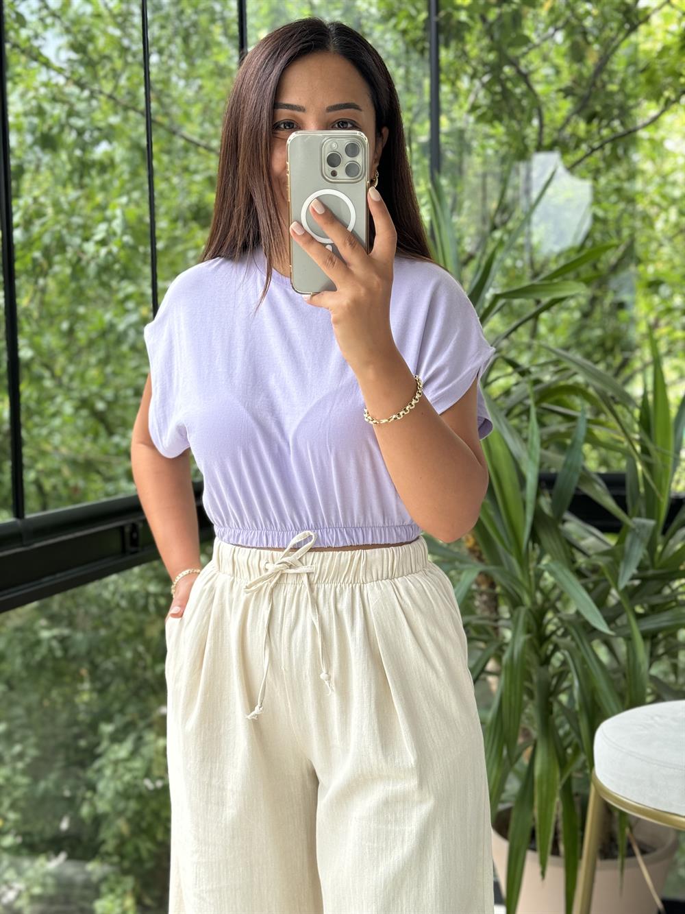 Beli Lastikli Tişört Lila