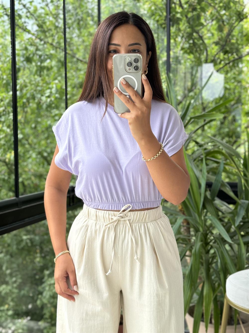 Beli Lastikli Tişört Lila