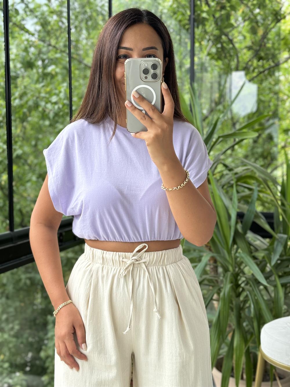 Beli Lastikli Tişört Lila