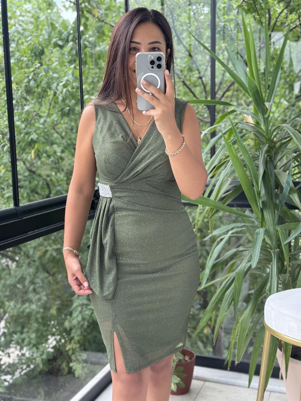 Beli Taşlı Kolsuz Simli Elbise Haki Yeşili