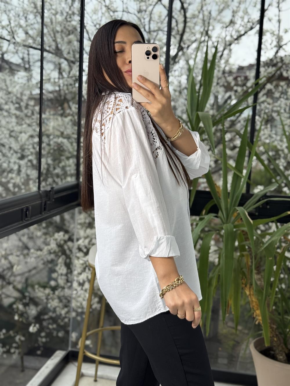 Omuz Dantel Detaylı Natural Gömlek Beyaz