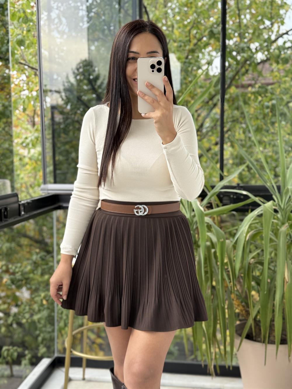 Piliseli Beli Lastikli Etek Kahve