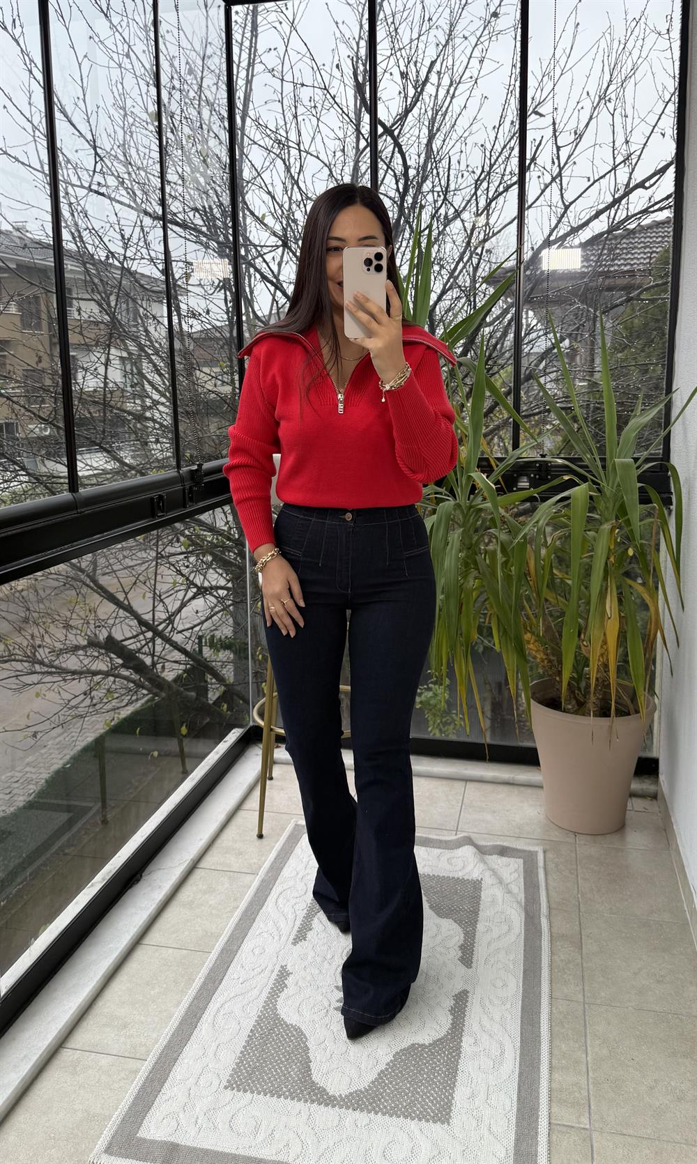 Fermuarlı Crop Triko Kazak Kırmızı