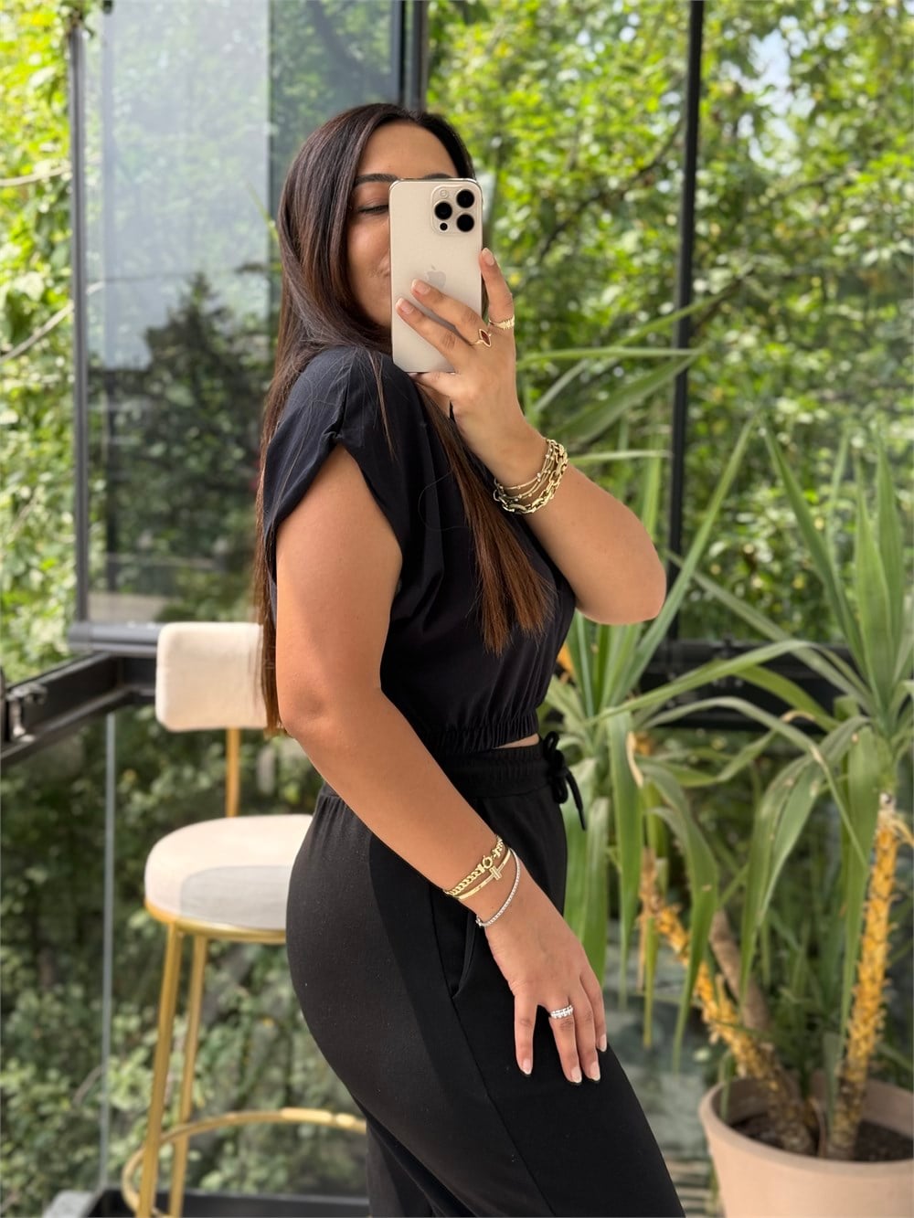 Beli Lastikli Crop Tişört Siyah