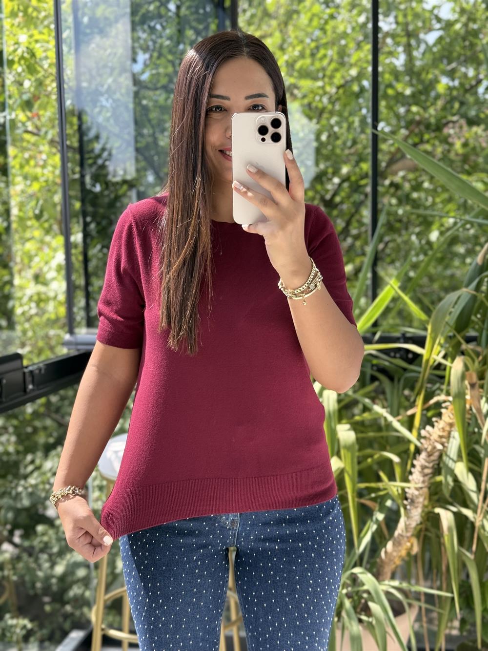 Bisiklet Yaka Kısa Kol Basic Triko Bluz Bordo