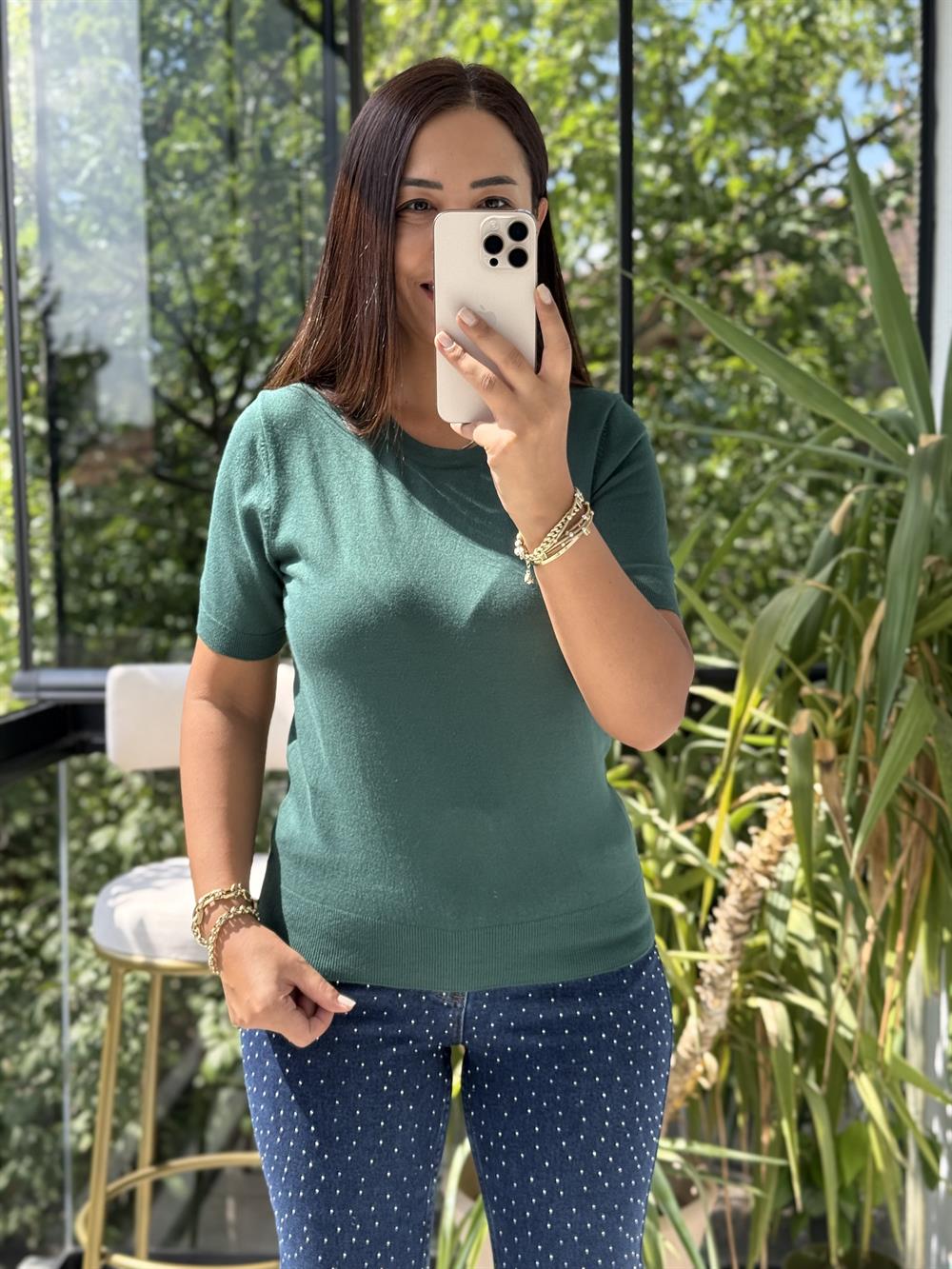 Bisiklet Yaka Kısa Kol Basic Triko Bluz Zümrüt