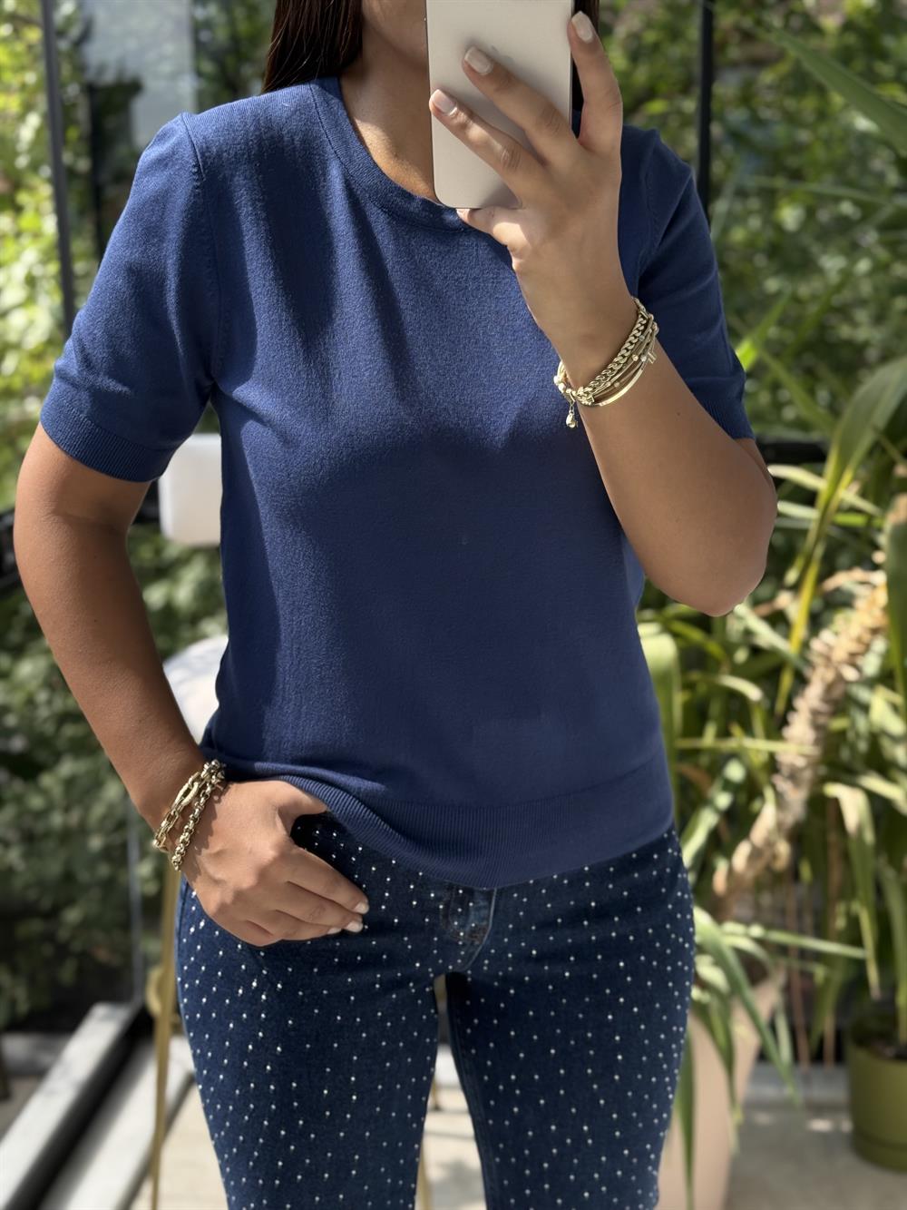 Bisiklet Yaka Kısa Kol Basic Triko Bluz İndigo Mavi