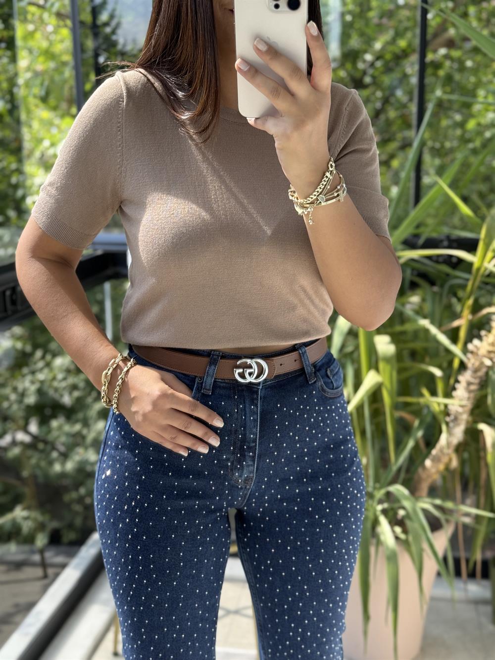 Bisiklet Yaka Kısa Kol Basic Triko Bluz Vizon