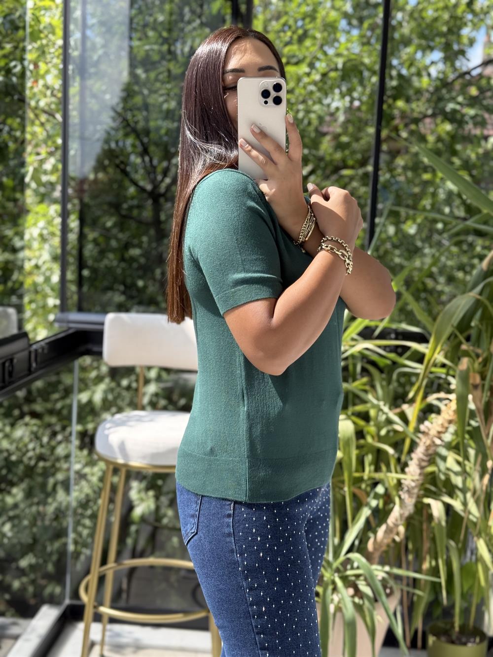 Bisiklet Yaka Kısa Kol Basic Triko Bluz Zümrüt