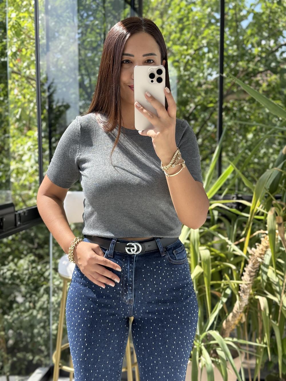 Bisiklet Yaka Kısa Kol Basic Triko Bluz Füme