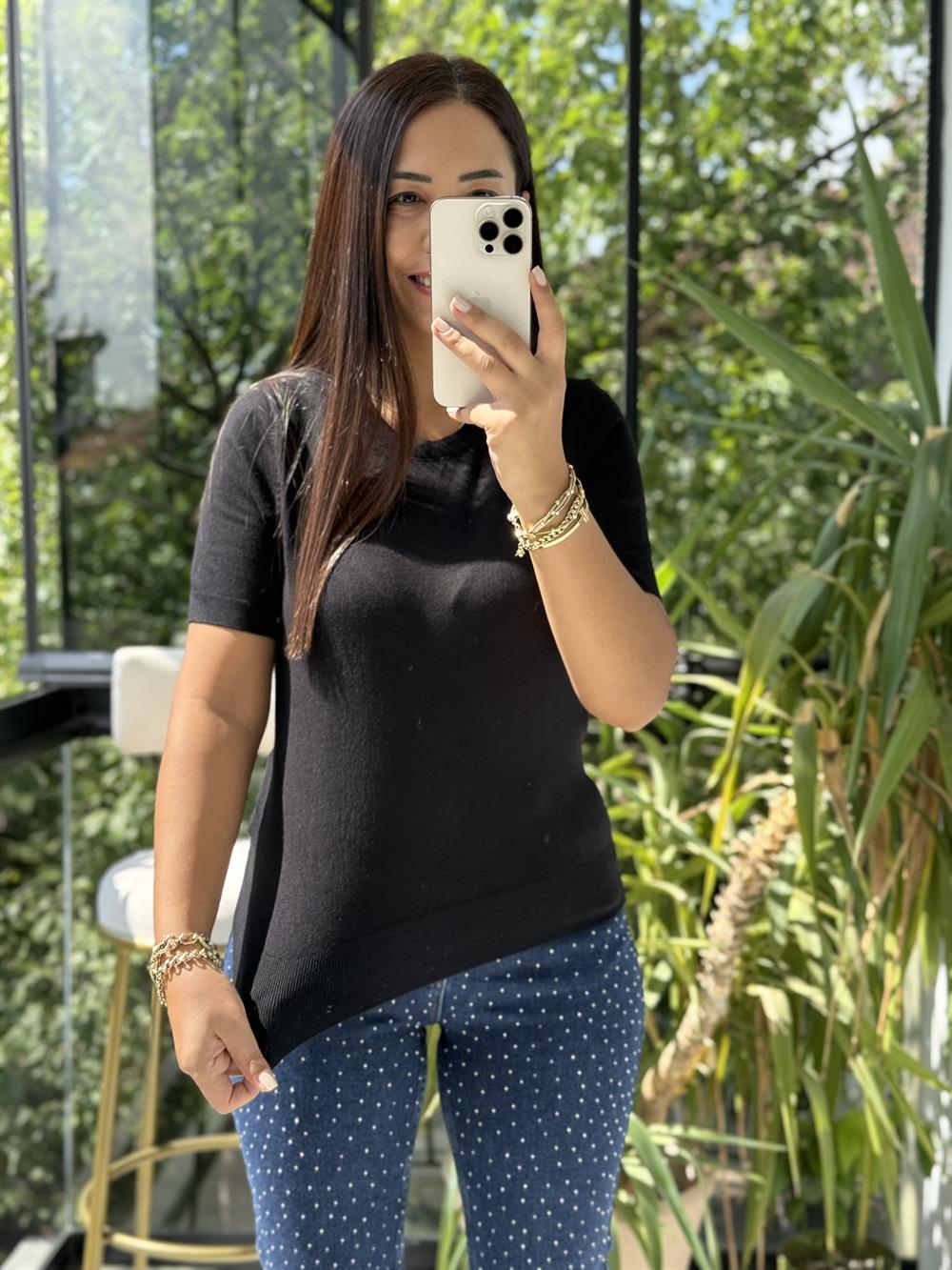 Bisiklet Yaka Kısa Kol Basic Triko Bluz Siyah