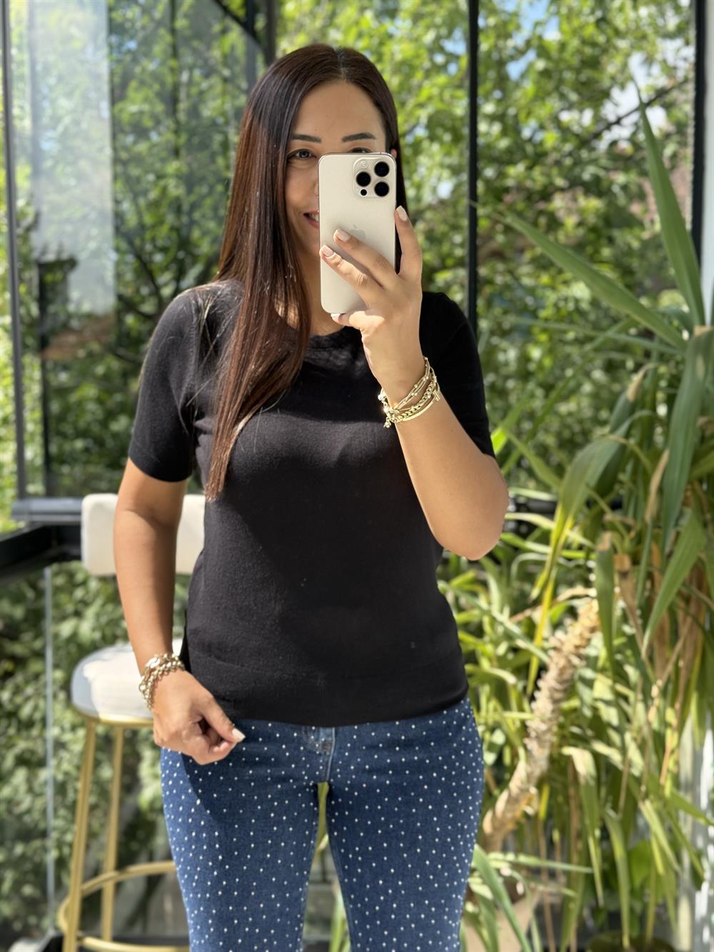 Bisiklet Yaka Kısa Kol Basic Triko Bluz Siyah