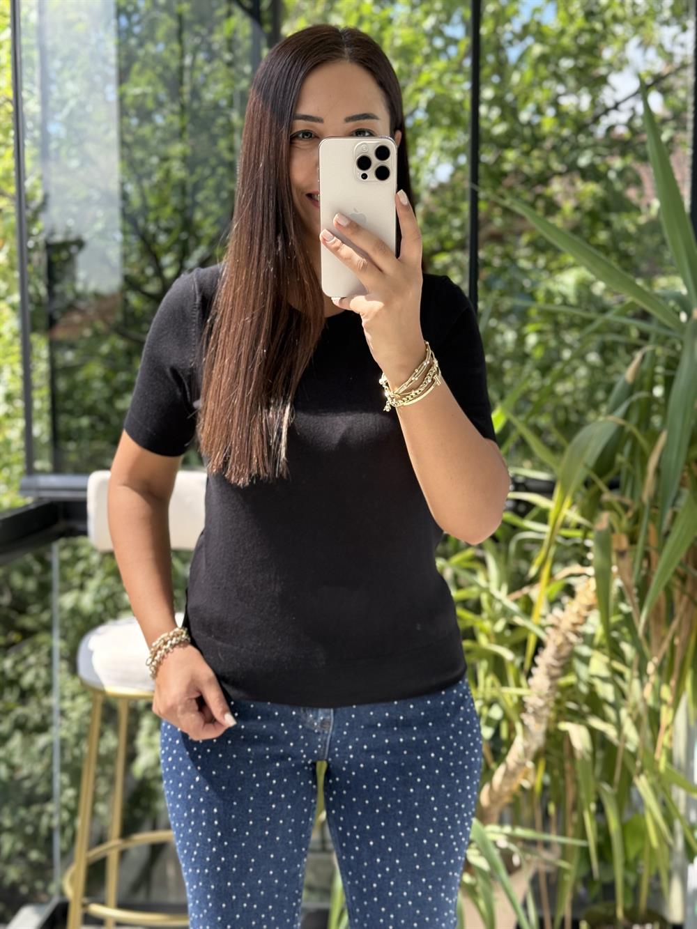 Bisiklet Yaka Kısa Kol Basic Triko Bluz Siyah