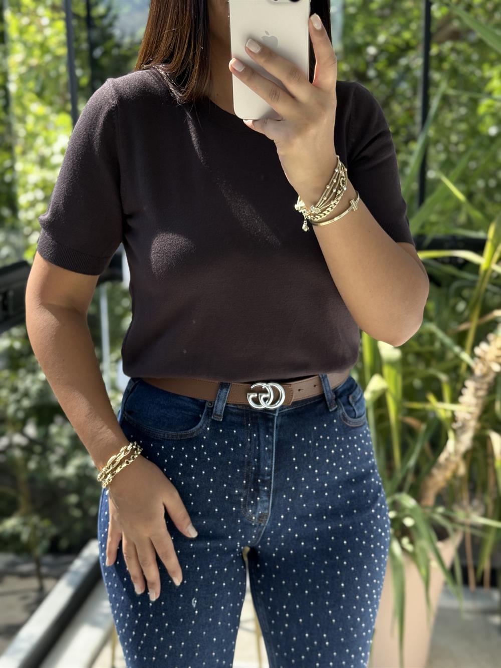 Bisiklet Yaka Kısa Kol Basic Triko Bluz Koyu Kahve