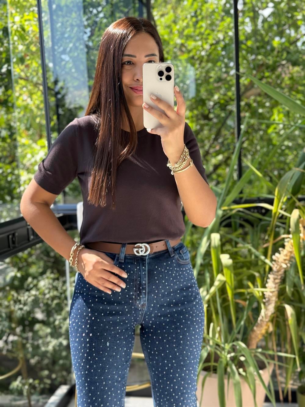 Bisiklet Yaka Kısa Kol Basic Triko Bluz Koyu Kahve