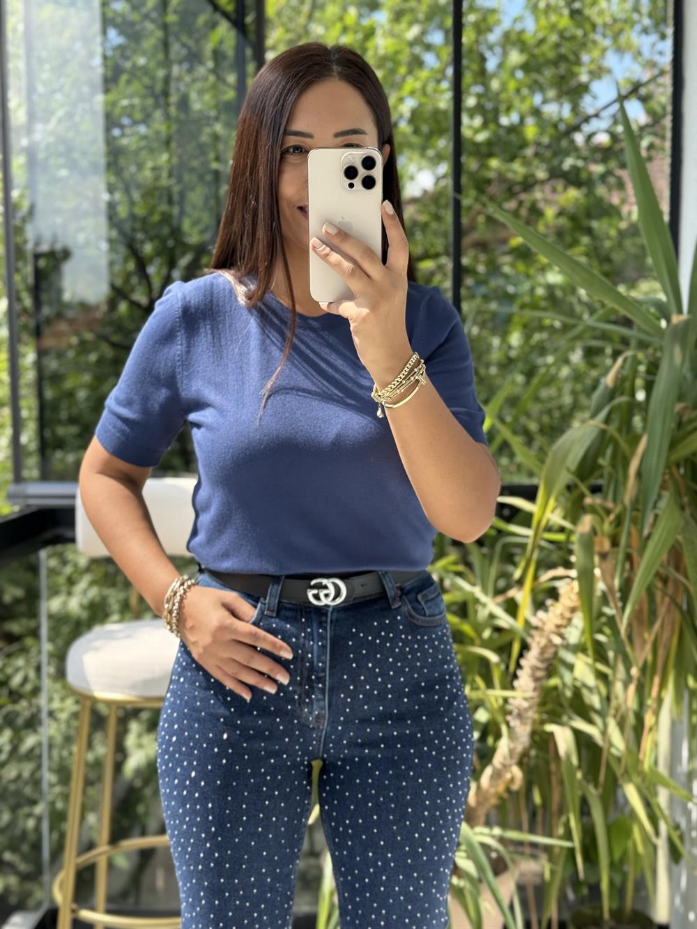 Bisiklet Yaka Kısa Kol Basic Triko Bluz İndigo Mavi