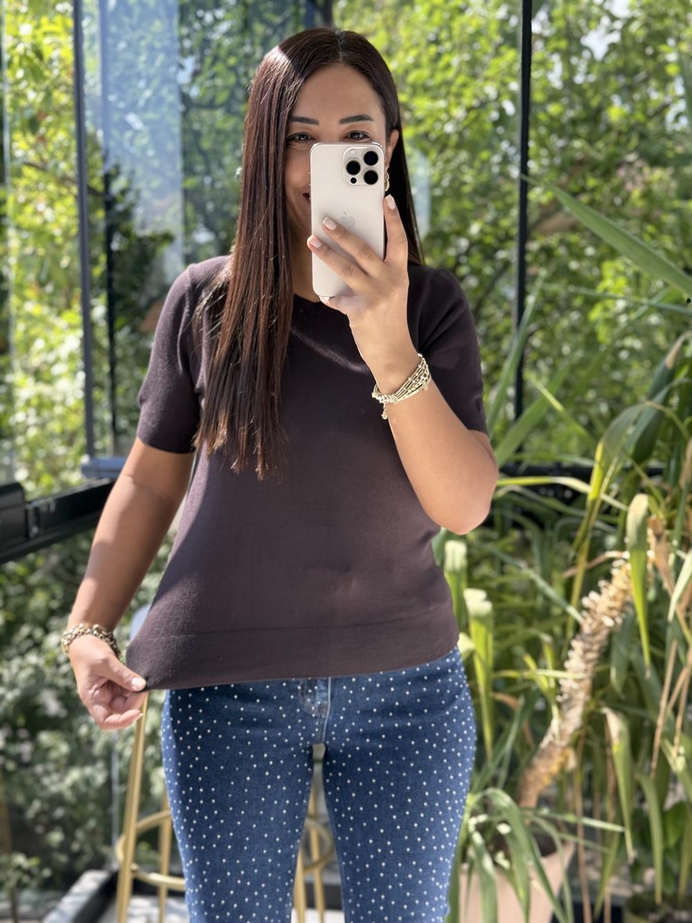 Bisiklet Yaka Kısa Kol Basic Triko Bluz Koyu Kahve