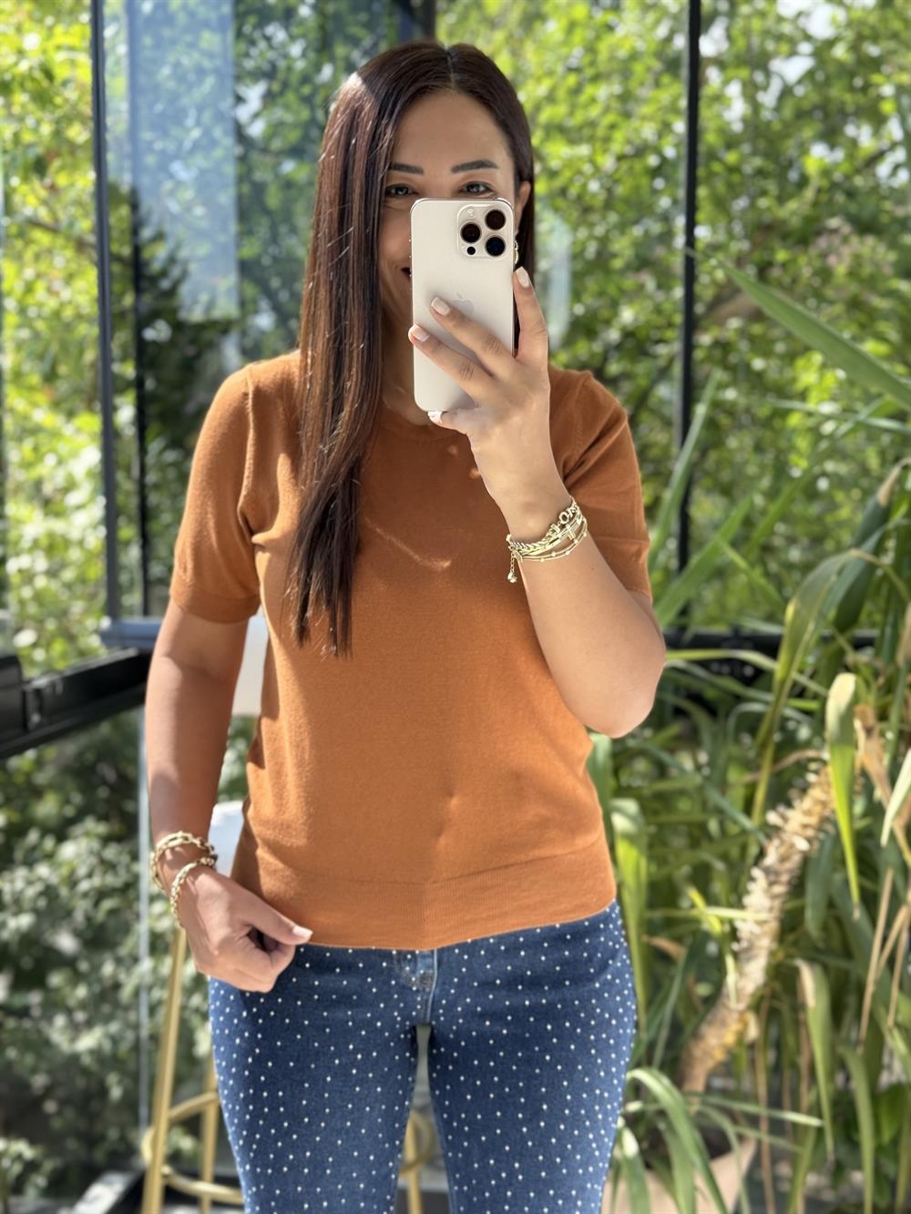 Bisiklet Yaka Kısa Kol Basic Triko Bluz Karamel