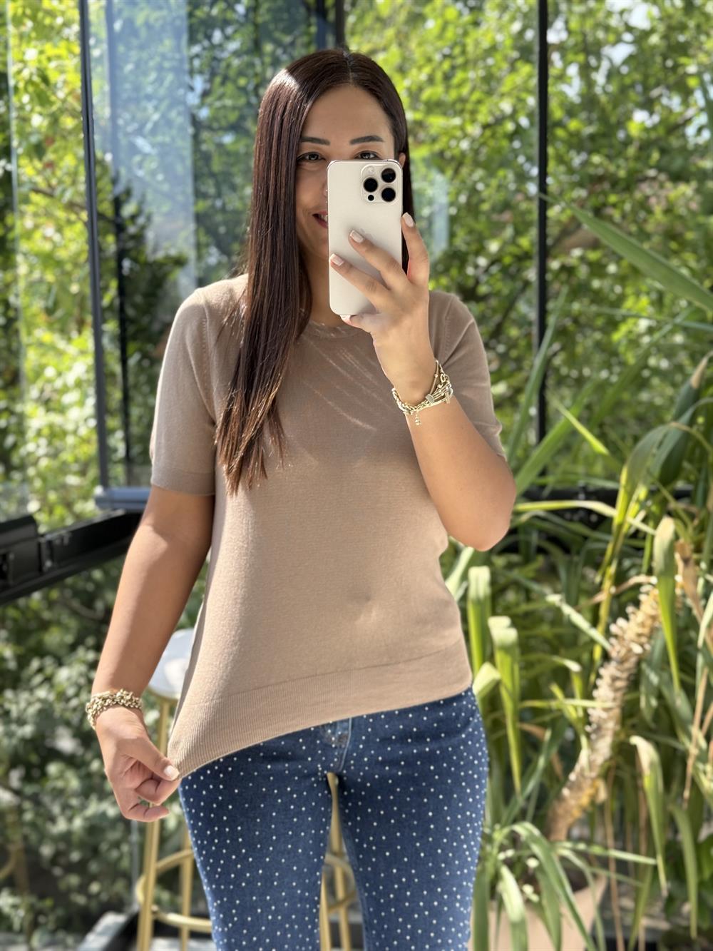 Bisiklet Yaka Kısa Kol Basic Triko Bluz Vizon