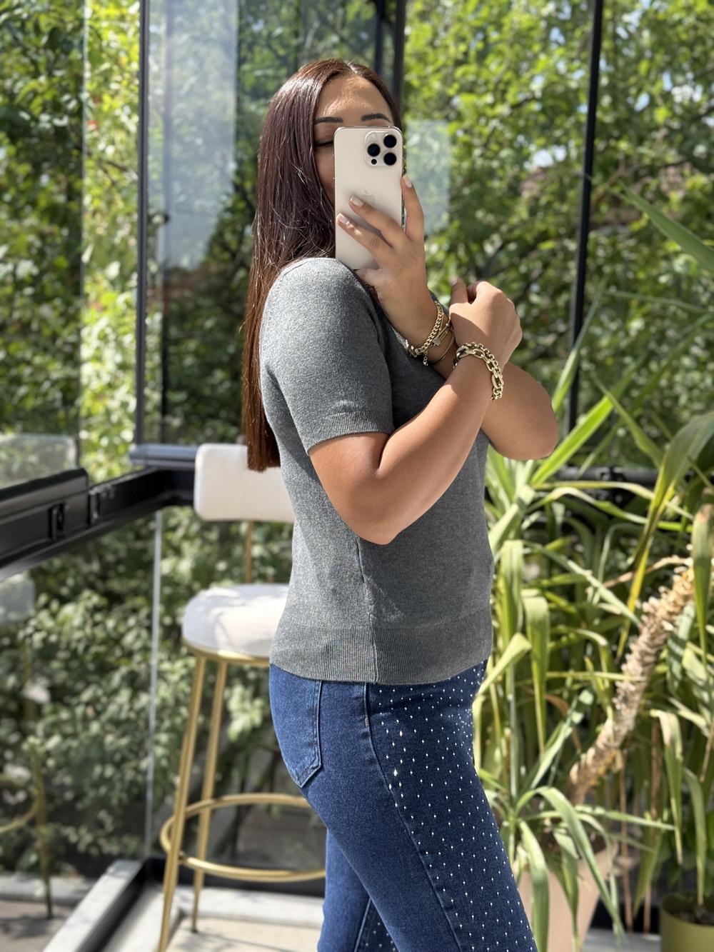 Bisiklet Yaka Kısa Kol Basic Triko Bluz Füme