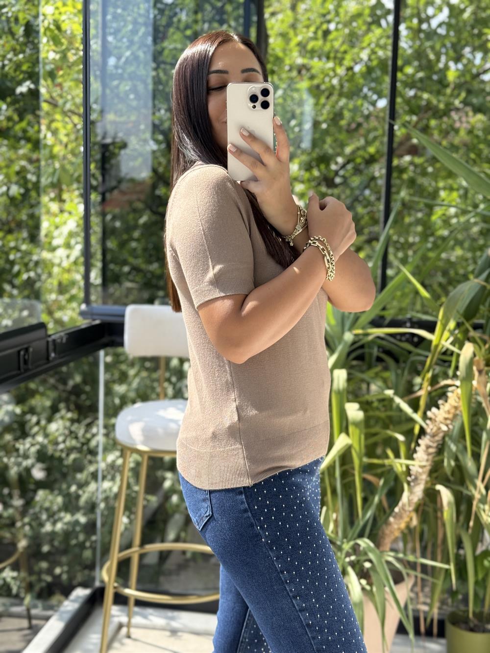 Bisiklet Yaka Kısa Kol Basic Triko Bluz Karamel