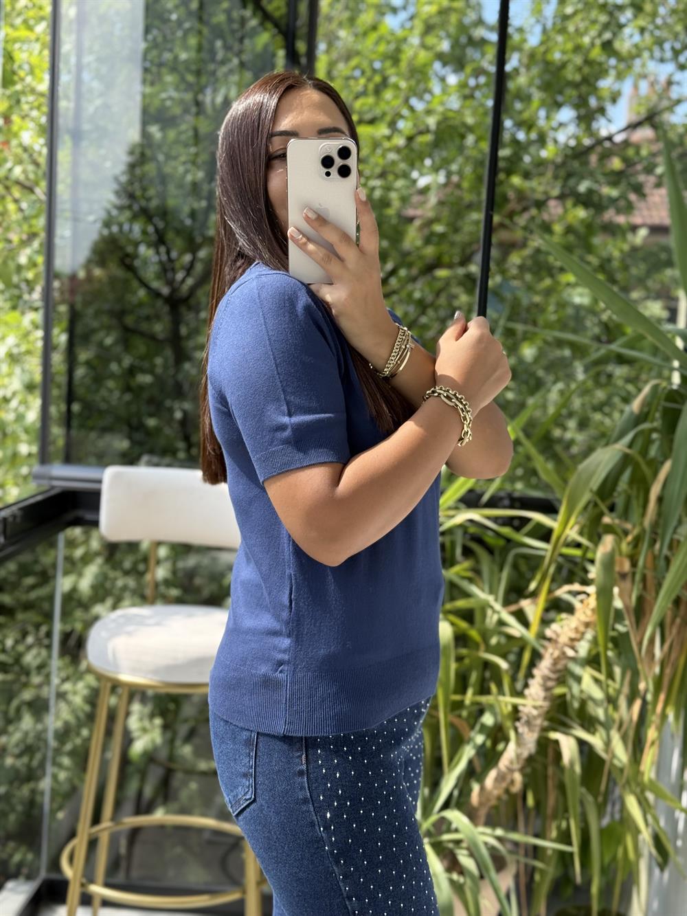 Bisiklet Yaka Kısa Kol Basic Triko Bluz İndigo Mavi