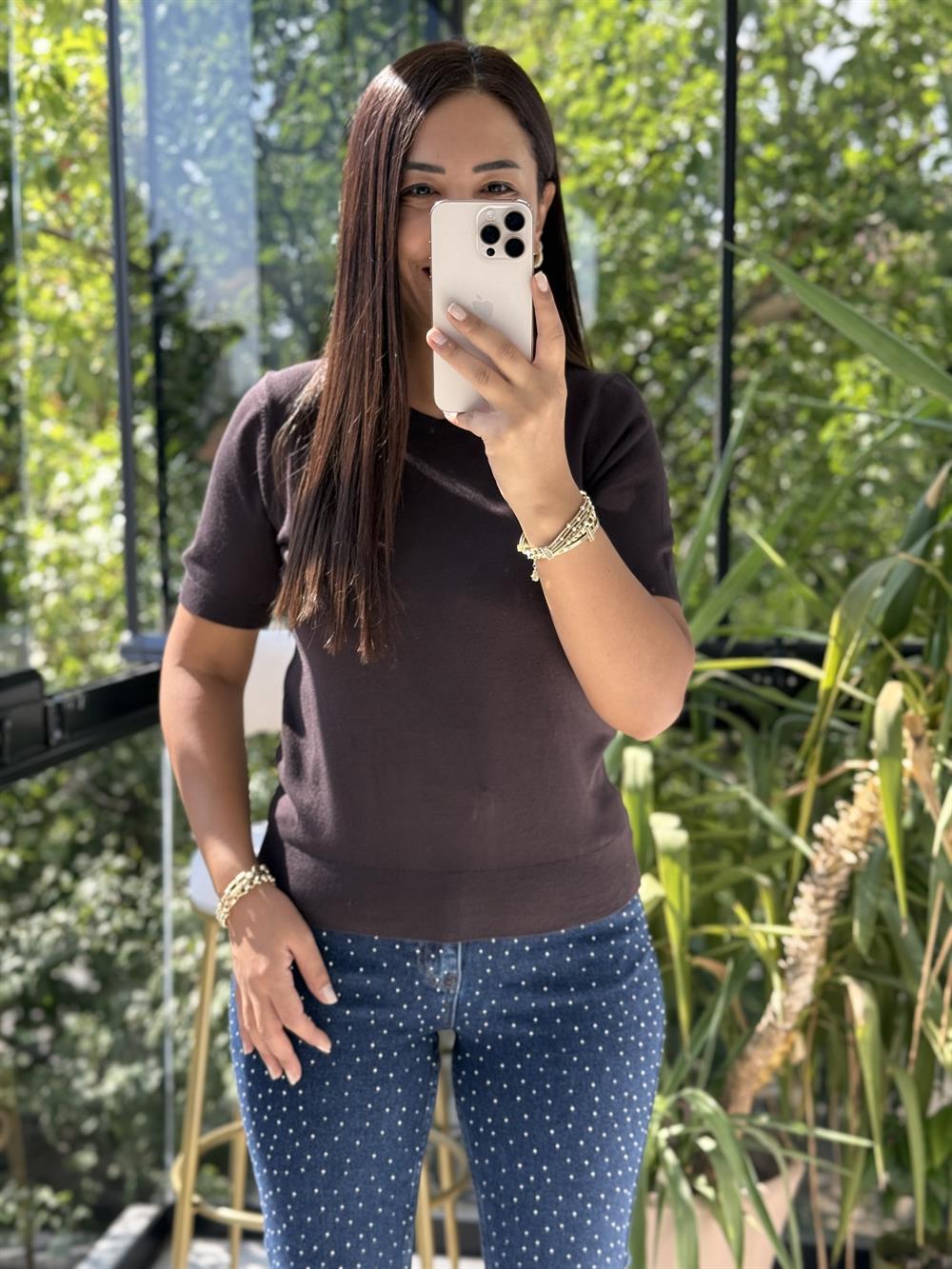 Bisiklet Yaka Kısa Kol Basic Triko Bluz Koyu Kahve