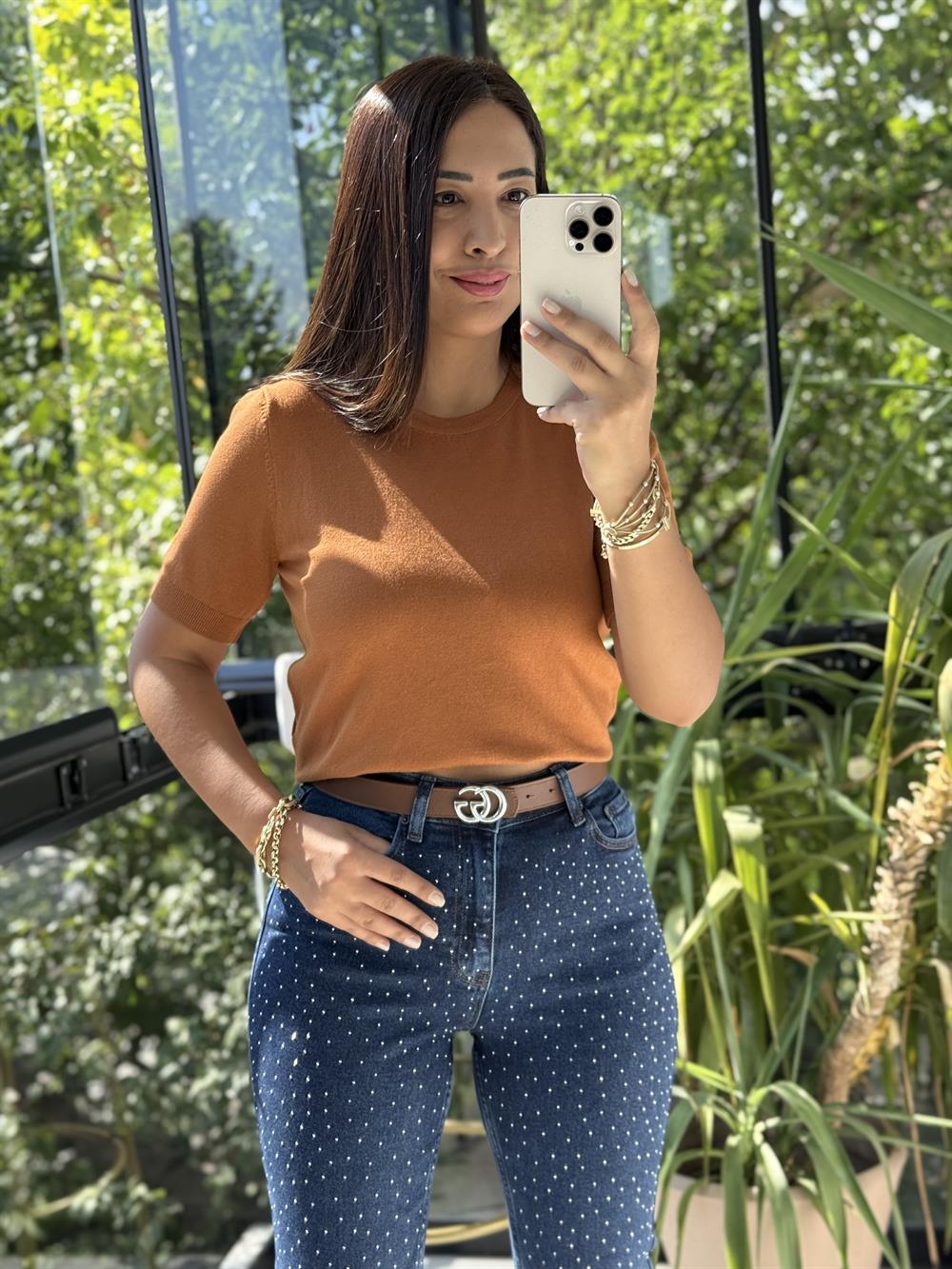 Bisiklet Yaka Kısa Kol Basic Triko Bluz Karamel