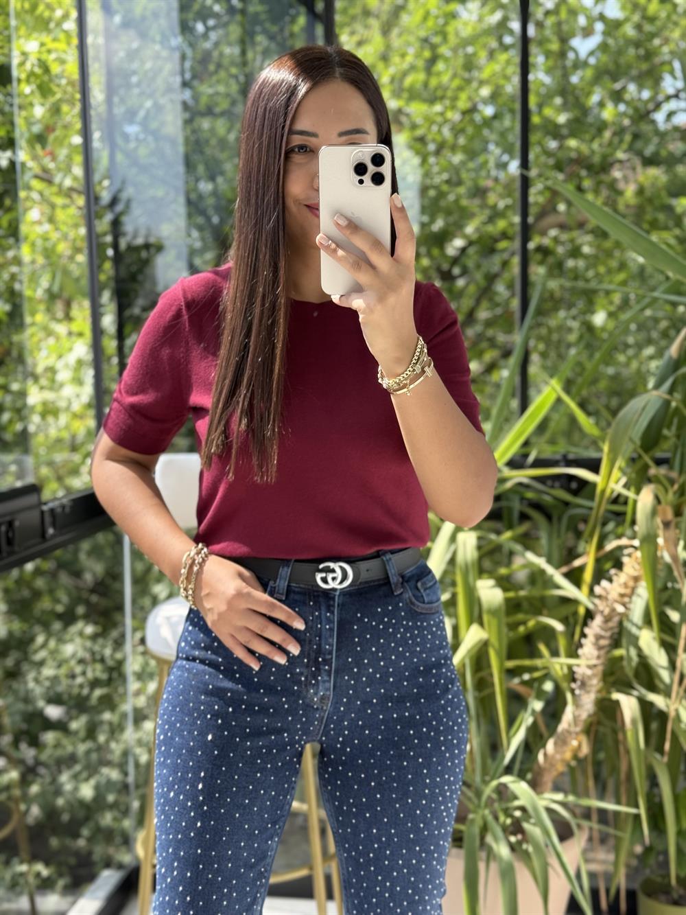 Bisiklet Yaka Kısa Kol Basic Triko Bluz Bordo