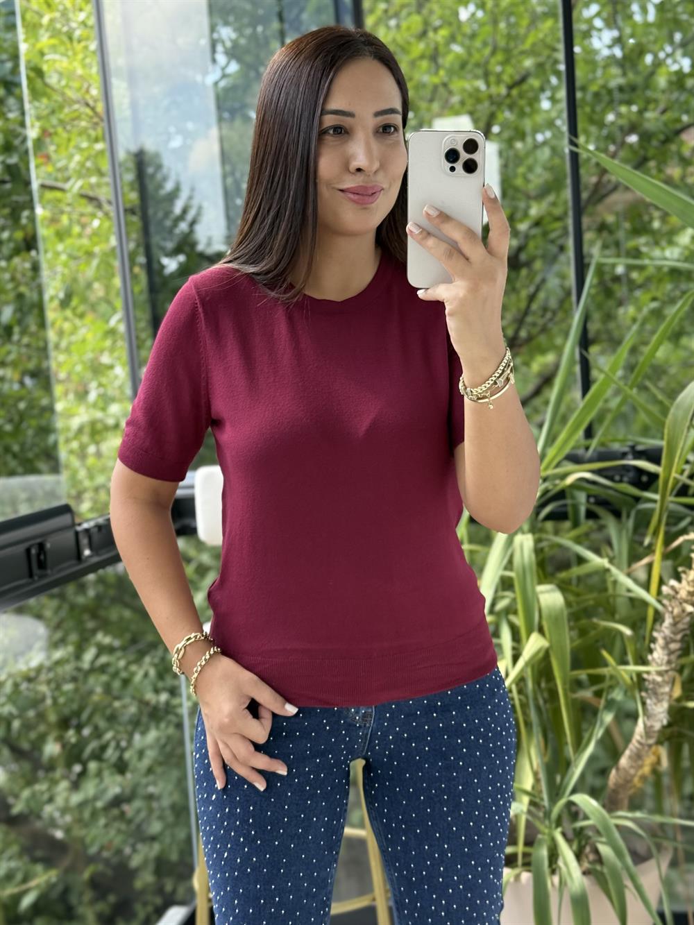 Bisiklet Yaka Kısa Kol Basic Triko Bluz Bordo