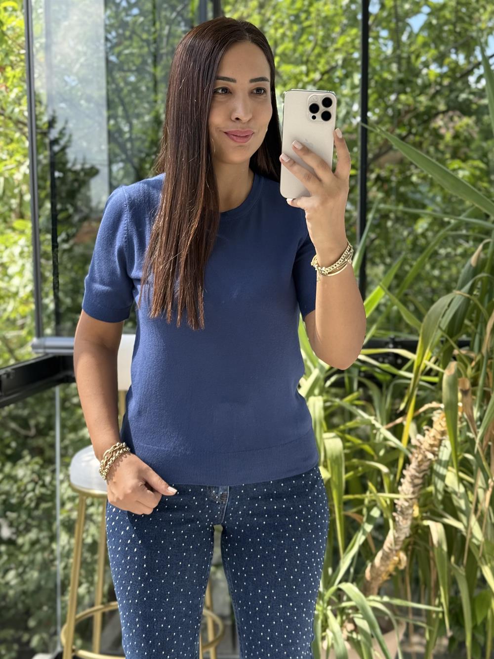 Bisiklet Yaka Kısa Kol Basic Triko Bluz İndigo Mavi