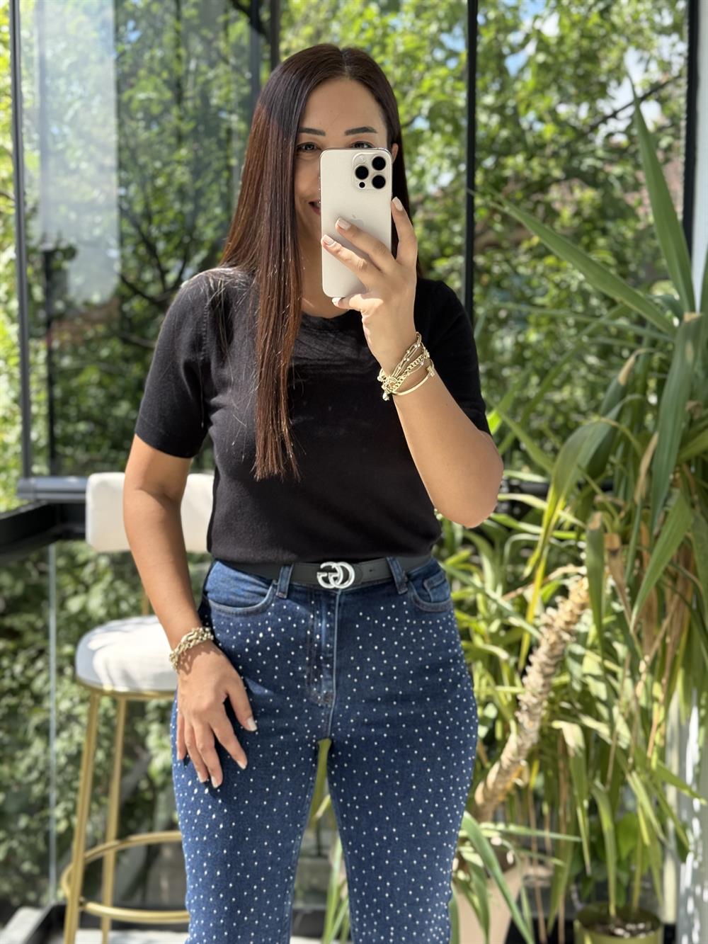 Bisiklet Yaka Kısa Kol Basic Triko Bluz Siyah