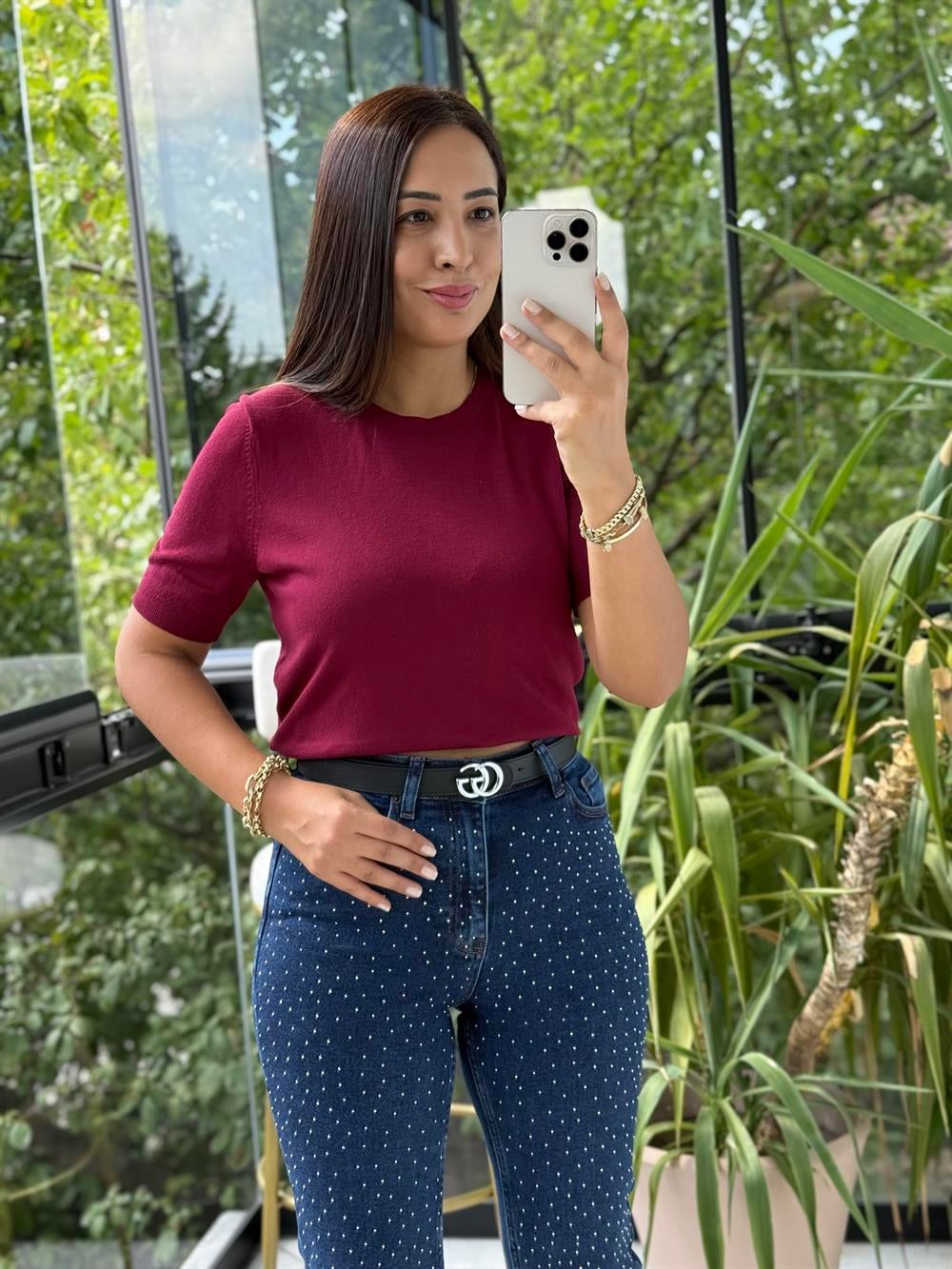 Bisiklet Yaka Kısa Kol Basic Triko Bluz Bordo