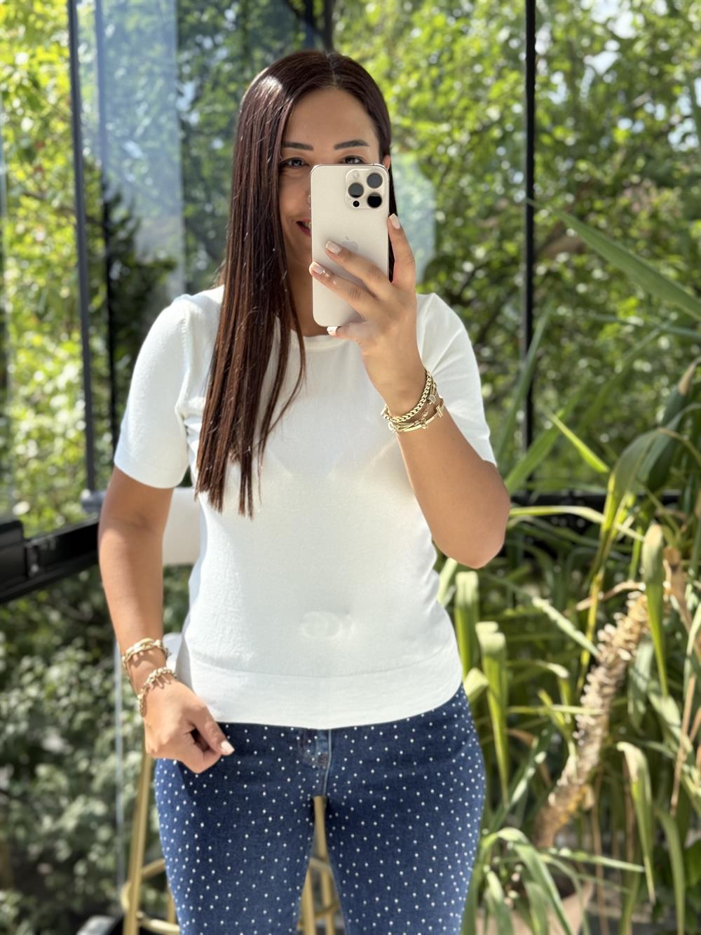 Bisiklet Yaka Kısa Kol Basic Triko Bluz Ekru