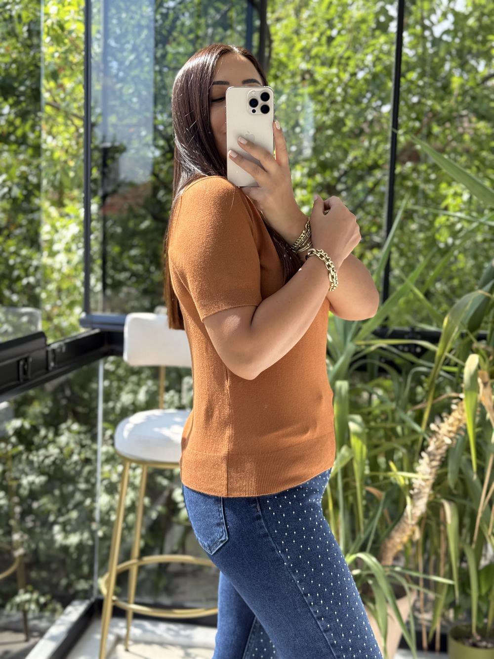 Bisiklet Yaka Kısa Kol Basic Triko Bluz Karamel