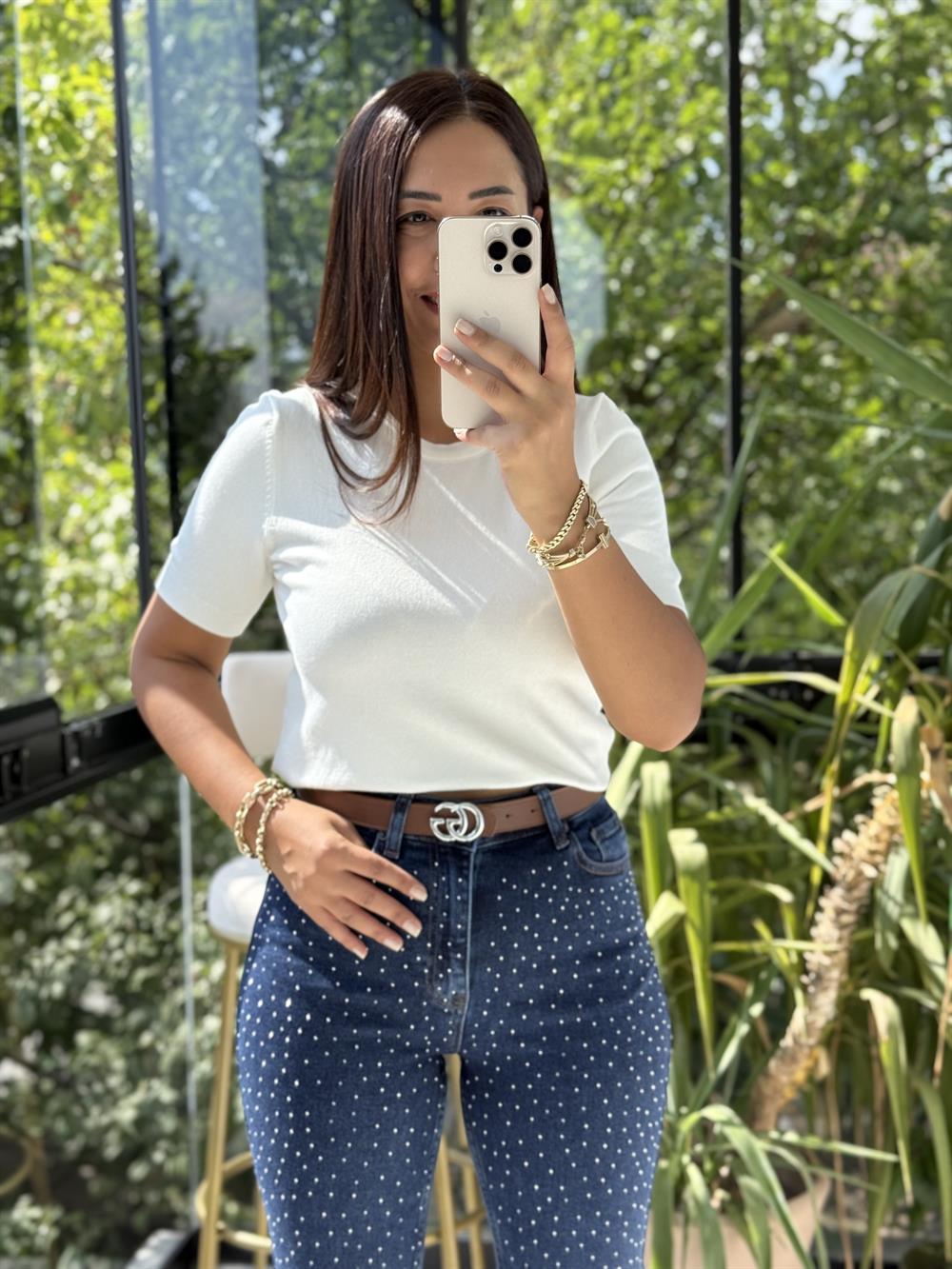 Bisiklet Yaka Kısa Kol Basic Triko Bluz Ekru