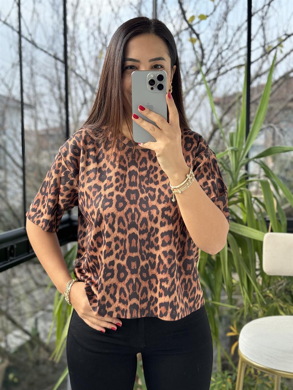 Bisiklet Yaka Leopar Baskılı Bluz Camel