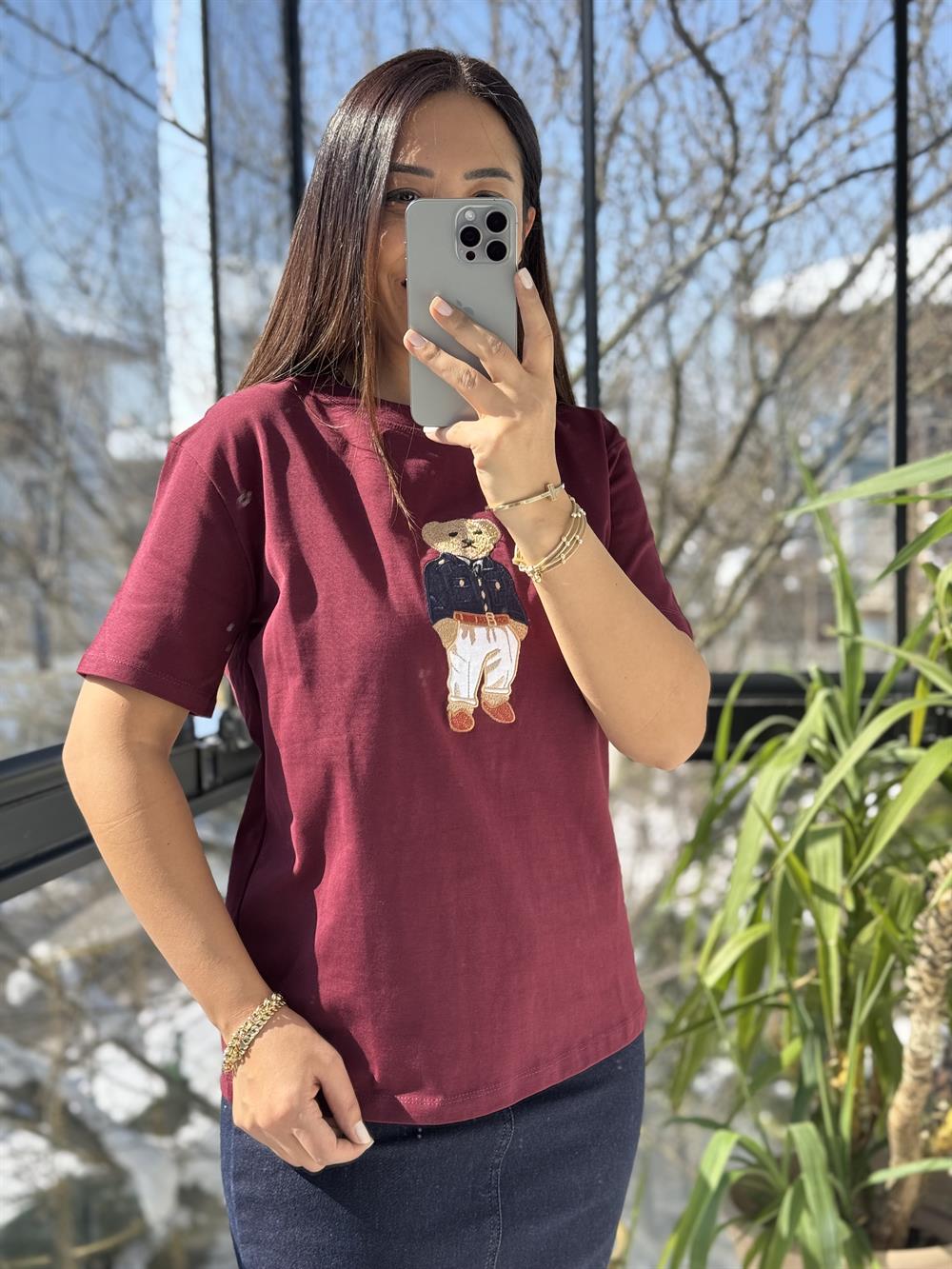 Bisiklet Yaka Teddy Tişört Bordo 