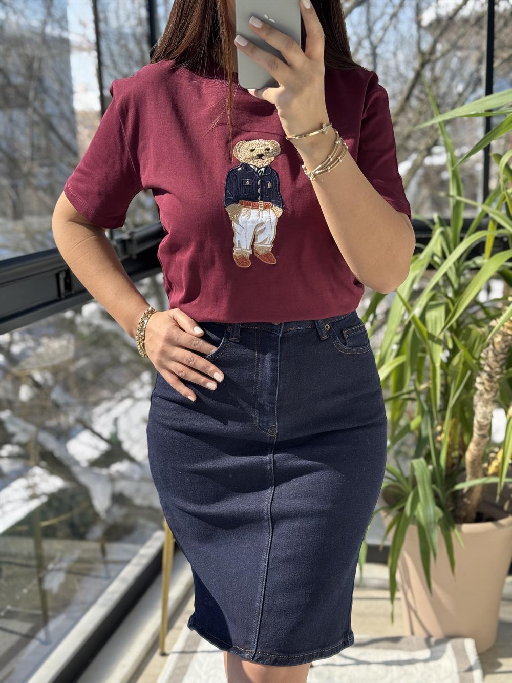 Bisiklet Yaka Teddy Tişört Bordo 