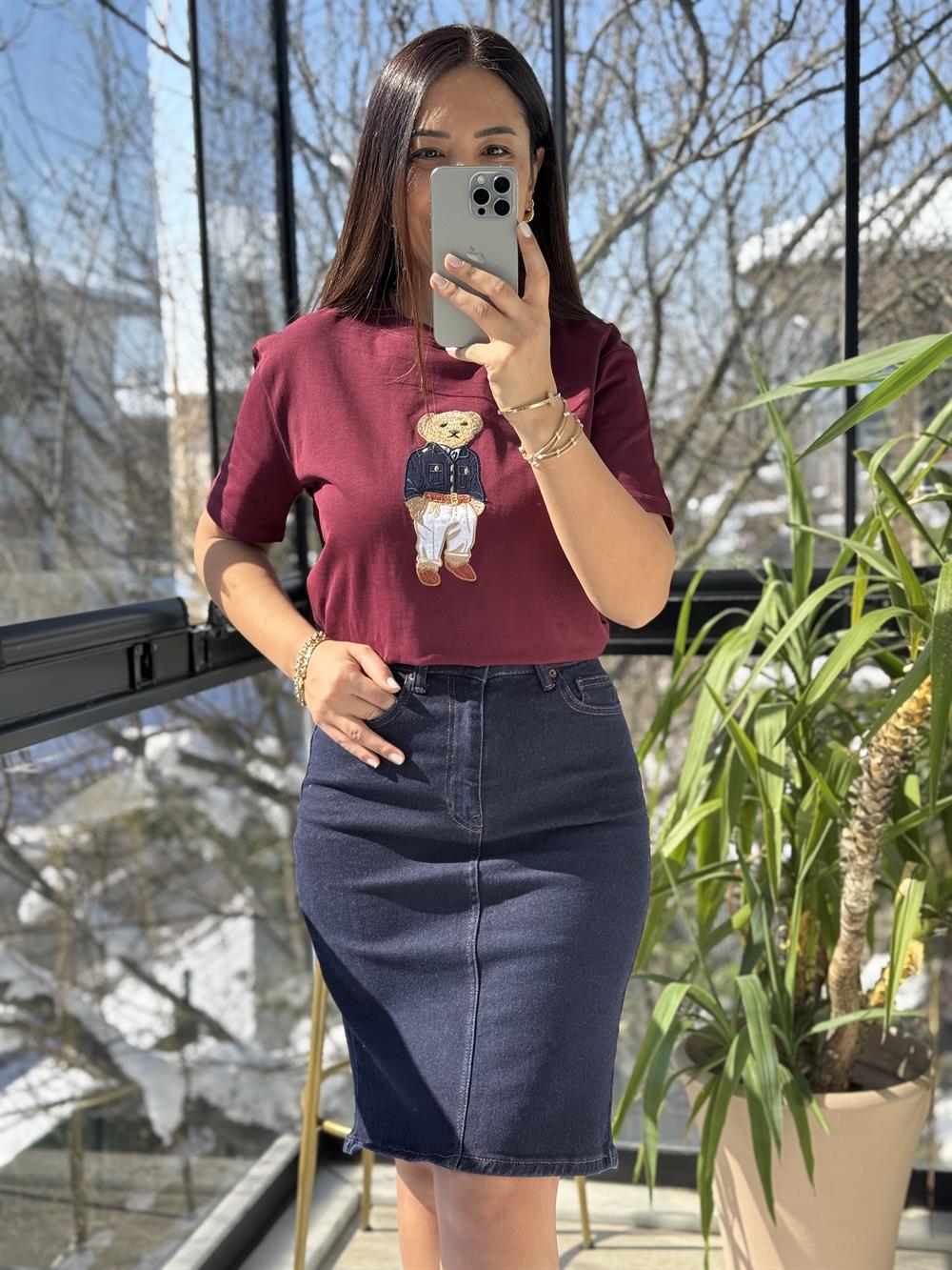 Bisiklet Yaka Teddy Tişört Bordo 