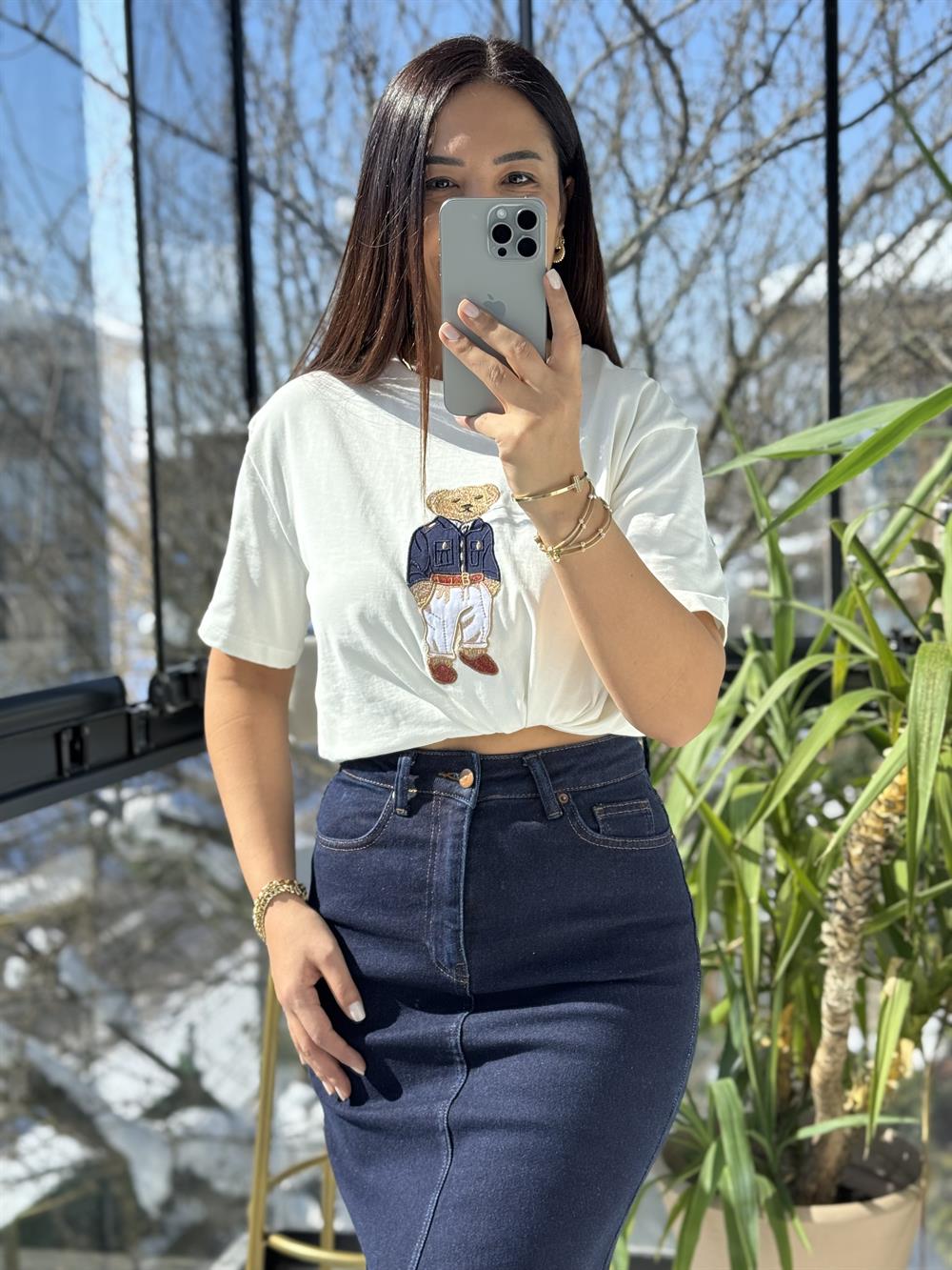 Bisiklet Yaka Teddy Tişört Ekru